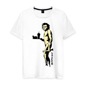 Мужская футболка хлопок с принтом Древний человек Бэнкси в Санкт-Петербурге, 100% хлопок | прямой крой, круглый вырез горловины, длина до линии бедер, слегка спущенное плечо. | бэнкси | граффити | неандерталец | примат