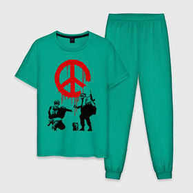 Мужская пижама хлопок с принтом Peace Banksy в Санкт-Петербурге, 100% хлопок | брюки и футболка прямого кроя, без карманов, на брюках мягкая резинка на поясе и по низу штанин
 | бэнкси | граффити | люди | мир | оружие