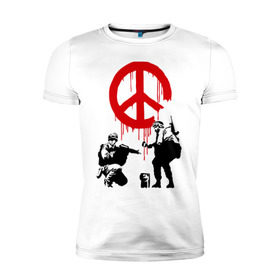 Мужская футболка премиум с принтом Peace Banksy в Санкт-Петербурге, 92% хлопок, 8% лайкра | приталенный силуэт, круглый вырез ворота, длина до линии бедра, короткий рукав | Тематика изображения на принте: бэнкси | граффити | люди | мир | оружие
