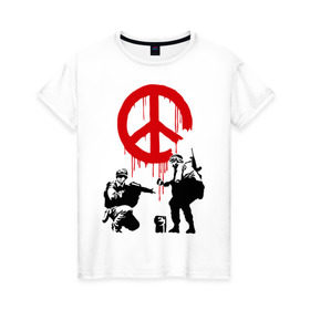 Женская футболка хлопок с принтом Peace Banksy в Санкт-Петербурге, 100% хлопок | прямой крой, круглый вырез горловины, длина до линии бедер, слегка спущенное плечо | бэнкси | граффити | люди | мир | оружие