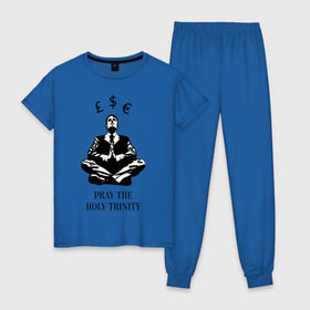 Женская пижама хлопок с принтом Pray the holy trinity в Санкт-Петербурге, 100% хлопок | брюки и футболка прямого кроя, без карманов, на брюках мягкая резинка на поясе и по низу штанин | banksy | бэнкси | граффтити | деньги | доллар | евро | фунт