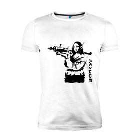 Мужская футболка премиум с принтом Мона Лиза с базукой в Санкт-Петербурге, 92% хлопок, 8% лайкра | приталенный силуэт, круглый вырез ворота, длина до линии бедра, короткий рукав | banksy | бэнкси | графити | граффити | стрит арт