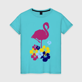 Женская футболка хлопок с принтом Фламинго в Санкт-Петербурге, 100% хлопок | прямой крой, круглый вырез горловины, длина до линии бедер, слегка спущенное плечо | летние | лето | птица | цветочки | цветы