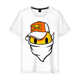 Мужская футболка хлопок с принтом Смайл в бандане в Санкт-Петербурге, 100% хлопок | прямой крой, круглый вырез горловины, длина до линии бедер, слегка спущенное плечо. | smile | смайл | смайл в бандане | смайл в кепке | череп