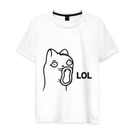 Мужская футболка хлопок с принтом LoL-кот в Санкт-Петербурге, 100% хлопок | прямой крой, круглый вырез горловины, длина до линии бедер, слегка спущенное плечо. | интернет приколы | кот | котяра | кошак | лол | мем