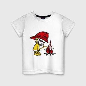 Детская футболка хлопок с принтом Пожарник в Санкт-Петербурге, 100% хлопок | круглый вырез горловины, полуприлегающий силуэт, длина до линии бедер | каска | мальчик | мчс | огонь | писает | пожар | профессии | спасение | тушить