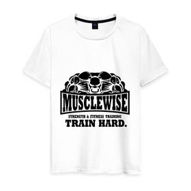 Мужская футболка хлопок с принтом Musclewise train hard (тренируйся усердно) в Санкт-Петербурге, 100% хлопок | прямой крой, круглый вырез горловины, длина до линии бедер, слегка спущенное плечо. | Тематика изображения на принте: musclewise train hard | для тренеровок | качок | мускулы | раскаченный | спортсмен | тренеровки | тренируйся | тренируйся усердно