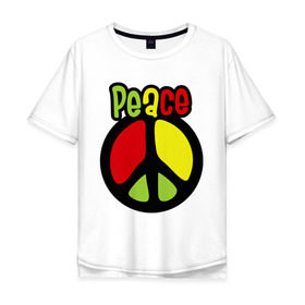 Мужская футболка хлопок Oversize с принтом Peace red, yellow, green в Санкт-Петербурге, 100% хлопок | свободный крой, круглый ворот, “спинка” длиннее передней части | reggae | мир | регги
