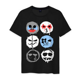 Мужская футболка хлопок с принтом HU Mask в Санкт-Петербурге, 100% хлопок | прямой крой, круглый вырез горловины, длина до линии бедер, слегка спущенное плечо. | hollywood undead | hu | hu mask one color | undead | злые маски | маски | рок реп группа hollywood undead