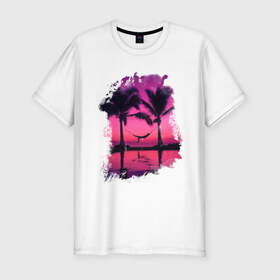 Мужская футболка премиум с принтом Palm Relax в Санкт-Петербурге, 92% хлопок, 8% лайкра | приталенный силуэт, круглый вырез ворота, длина до линии бедра, короткий рукав | летние | лето | на лето | пальмы | пляж