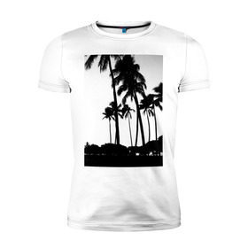 Мужская футболка премиум с принтом Black palms в Санкт-Петербурге, 92% хлопок, 8% лайкра | приталенный силуэт, круглый вырез ворота, длина до линии бедра, короткий рукав | летние | лето | на лето | пальмы