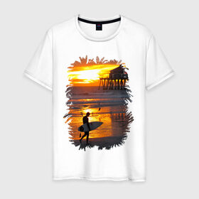 Мужская футболка хлопок с принтом Summer surfing в Санкт-Петербурге, 100% хлопок | прямой крой, круглый вырез горловины, длина до линии бедер, слегка спущенное плечо. | Тематика изображения на принте: летние | лето | море | на лето | океан | пляж | серфинг