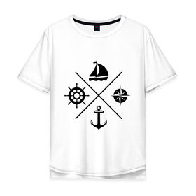 Мужская футболка хлопок Oversize с принтом Sailor theme в Санкт-Петербурге, 100% хлопок | свободный крой, круглый ворот, “спинка” длиннее передней части | Тематика изображения на принте: sailor theme | азимут | компас | кораблик | корабль | лодка | путешествие | штурвал | якорь