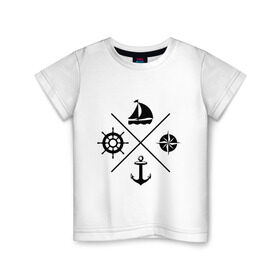Детская футболка хлопок с принтом Sailor theme в Санкт-Петербурге, 100% хлопок | круглый вырез горловины, полуприлегающий силуэт, длина до линии бедер | sailor theme | азимут | компас | кораблик | корабль | лодка | путешествие | штурвал | якорь