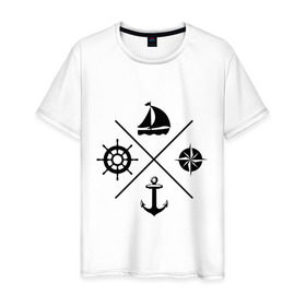 Мужская футболка хлопок с принтом Sailor theme в Санкт-Петербурге, 100% хлопок | прямой крой, круглый вырез горловины, длина до линии бедер, слегка спущенное плечо. | Тематика изображения на принте: sailor theme | азимут | компас | кораблик | корабль | лодка | путешествие | штурвал | якорь