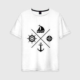 Женская футболка хлопок Oversize с принтом Sailor theme в Санкт-Петербурге, 100% хлопок | свободный крой, круглый ворот, спущенный рукав, длина до линии бедер
 | sailor theme | азимут | компас | кораблик | корабль | лодка | путешествие | штурвал | якорь