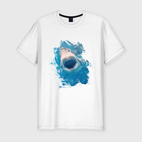 Мужская футболка премиум с принтом Акула watercolor в Санкт-Петербурге, 92% хлопок, 8% лайкра | приталенный силуэт, круглый вырез ворота, длина до линии бедра, короткий рукав | 