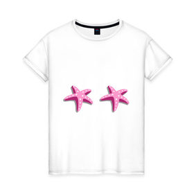 Женская футболка хлопок с принтом Морские звездочки в Санкт-Петербурге, 100% хлопок | прямой крой, круглый вырез горловины, длина до линии бедер, слегка спущенное плечо | 