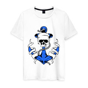 Мужская футболка хлопок с принтом Якорь с черепом в Санкт-Петербурге, 100% хлопок | прямой крой, круглый вырез горловины, длина до линии бедер, слегка спущенное плечо. | корабль | летние | лето | море | отдых | отпуск | пиратские | пираты | пляж