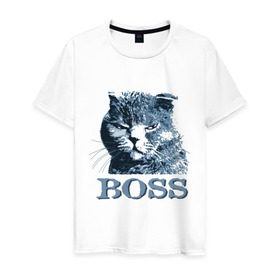 Мужская футболка хлопок с принтом BOSS в Санкт-Петербурге, 100% хлопок | прямой крой, круглый вырез горловины, длина до линии бедер, слегка спущенное плечо. | boss | босс | главный кот | кот boss | кот босс | котэ boss | котяра