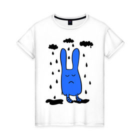 Женская футболка хлопок с принтом Грустный заяц в Санкт-Петербурге, 100% хлопок | прямой крой, круглый вырез горловины, длина до линии бедер, слегка спущенное плечо | грустный заяц | дождь | животные | зайчик | заяц | облака