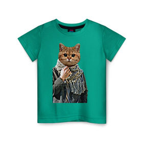 Детская футболка хлопок с принтом Котейка в шарфе в Санкт-Петербурге, 100% хлопок | круглый вырез горловины, полуприлегающий силуэт, длина до линии бедер | cat | животное с телом человека | животные | киса | кот | котенок | кошка | кошка в пальто | тело человека голова животного | человек с головой животного