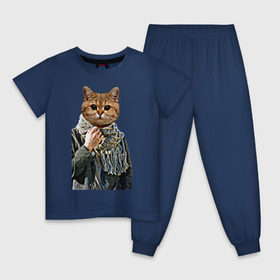 Детская пижама хлопок с принтом Котейка в шарфе в Санкт-Петербурге, 100% хлопок |  брюки и футболка прямого кроя, без карманов, на брюках мягкая резинка на поясе и по низу штанин
 | cat | животное с телом человека | животные | киса | кот | котенок | кошка | кошка в пальто | тело человека голова животного | человек с головой животного