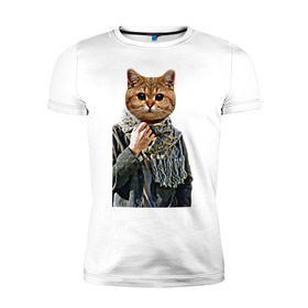 Мужская футболка премиум с принтом Котейка в шарфе в Санкт-Петербурге, 92% хлопок, 8% лайкра | приталенный силуэт, круглый вырез ворота, длина до линии бедра, короткий рукав | Тематика изображения на принте: cat | животное с телом человека | животные | киса | кот | котенок | кошка | кошка в пальто | тело человека голова животного | человек с головой животного