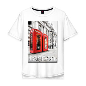 Мужская футболка хлопок Oversize с принтом Телефонные будки Лондона в Санкт-Петербурге, 100% хлопок | свободный крой, круглый ворот, “спинка” длиннее передней части | Тематика изображения на принте: лондон