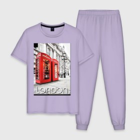Мужская пижама хлопок с принтом Телефонные будки Лондона в Санкт-Петербурге, 100% хлопок | брюки и футболка прямого кроя, без карманов, на брюках мягкая резинка на поясе и по низу штанин
 | Тематика изображения на принте: лондон