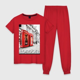 Женская пижама хлопок с принтом Телефонные будки Лондона в Санкт-Петербурге, 100% хлопок | брюки и футболка прямого кроя, без карманов, на брюках мягкая резинка на поясе и по низу штанин | лондон