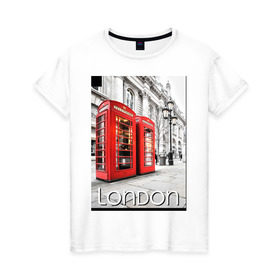 Женская футболка хлопок с принтом Телефонные будки Лондона в Санкт-Петербурге, 100% хлопок | прямой крой, круглый вырез горловины, длина до линии бедер, слегка спущенное плечо | лондон
