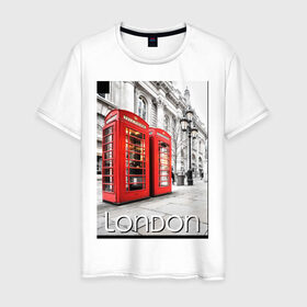 Мужская футболка хлопок с принтом Телефонные будки Лондона в Санкт-Петербурге, 100% хлопок | прямой крой, круглый вырез горловины, длина до линии бедер, слегка спущенное плечо. | Тематика изображения на принте: лондон