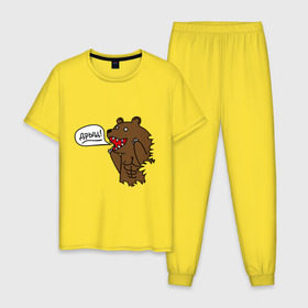 Мужская пижама хлопок с принтом Медведь качок (дрищ) в Санкт-Петербурге, 100% хлопок | брюки и футболка прямого кроя, без карманов, на брюках мягкая резинка на поясе и по низу штанин
 | дрищ | интернет прикол | качалка | мусклы | мышцы | пресс | силовой спорт