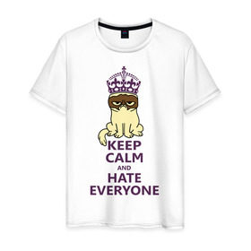 Мужская футболка хлопок с принтом Keep calm and hate everyone в Санкт-Петербурге, 100% хлопок | прямой крой, круглый вырез горловины, длина до линии бедер, слегка спущенное плечо. | grumpy cat | грампи кэт | грустный кот | котик | котяра | ненавидеть всех | угрюмый кот