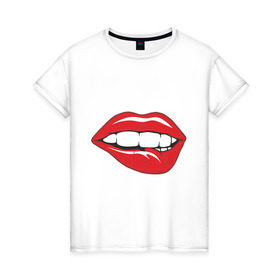 Женская футболка хлопок с принтом Соблазняющие губы в Санкт-Петербурге, 100% хлопок | прямой крой, круглый вырез горловины, длина до линии бедер, слегка спущенное плечо | губы | прикусывающий губы | сладкие губы | соблазняющие губы