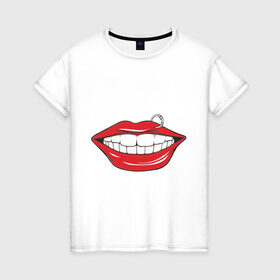 Женская футболка хлопок с принтом Губы с пирсингом в Санкт-Петербурге, 100% хлопок | прямой крой, круглый вырез горловины, длина до линии бедер, слегка спущенное плечо | большие губы | губы | губы с пирсингом | пирсинг | улыбка | улыбка с пирсингом