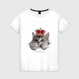 Женская футболка хлопок с принтом Pretty kitten в Санкт-Петербурге, 100% хлопок | прямой крой, круглый вырез горловины, длина до линии бедер, слегка спущенное плечо | kitten | meow | meow kitten | киса | корона | корона на голове кота | кот | кот с короной | котик | котэ | котяра | кошка | прикольный кот