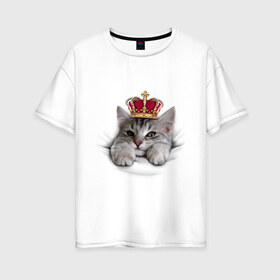 Женская футболка хлопок Oversize с принтом Pretty kitten в Санкт-Петербурге, 100% хлопок | свободный крой, круглый ворот, спущенный рукав, длина до линии бедер
 | kitten | meow | meow kitten | киса | корона | корона на голове кота | кот | кот с короной | котик | котэ | котяра | кошка | прикольный кот