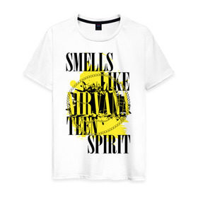 Мужская футболка хлопок с принтом Smells like teen spirit в Санкт-Петербурге, 100% хлопок | прямой крой, круглый вырез горловины, длина до линии бедер, слегка спущенное плечо. | smells like teen spirit | музыка | музыкальные группы | нирвана