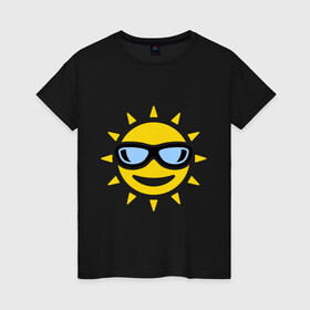 Женская футболка хлопок с принтом Солнышко в очках в Санкт-Петербурге, 100% хлопок | прямой крой, круглый вырез горловины, длина до линии бедер, слегка спущенное плечо | smile | смайлики | смайлы | солнце | улыбка