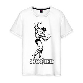 Мужская футболка хлопок с принтом Conquer (побеждать). в Санкт-Петербурге, 100% хлопок | прямой крой, круглый вырез горловины, длина до линии бедер, слегка спущенное плечо. | Тематика изображения на принте: 