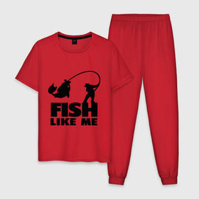 Мужская пижама хлопок с принтом Fish like me. в Санкт-Петербурге, 100% хлопок | брюки и футболка прямого кроя, без карманов, на брюках мягкая резинка на поясе и по низу штанин
 | Тематика изображения на принте: для рыбаков | рыба меня любит | рыбакам | рыбалка