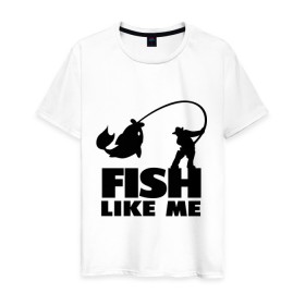 Мужская футболка хлопок с принтом Fish like me. в Санкт-Петербурге, 100% хлопок | прямой крой, круглый вырез горловины, длина до линии бедер, слегка спущенное плечо. | Тематика изображения на принте: для рыбаков | рыба меня любит | рыбакам | рыбалка
