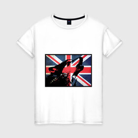 Женская футболка хлопок с принтом Британский волк в Санкт-Петербурге, 100% хлопок | прямой крой, круглый вырез горловины, длина до линии бедер, слегка спущенное плечо | волк | волк флаг британии | дикое животное | собака | флаг британии | хищник