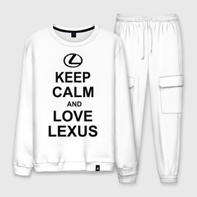 Мужской костюм хлопок с принтом keep calm and love lexus в Санкт-Петербурге, 100% хлопок | на свитшоте круглая горловина, мягкая резинка по низу. Брюки заужены к низу, на них два вида карманов: два “обычных” по бокам и два объемных, с клапанами, расположенные ниже линии бедра. Брюки с мягкой трикотажной резинкой на поясе и по низу штанин. В поясе для дополнительного комфорта — широкие завязки | Тематика изображения на принте: автомобили | машины | сохраняй спокойствие и люби лексус | тачки