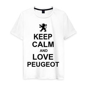Мужская футболка хлопок с принтом keep calm and love peugeot в Санкт-Петербурге, 100% хлопок | прямой крой, круглый вырез горловины, длина до линии бедер, слегка спущенное плечо. | Тематика изображения на принте: пежо