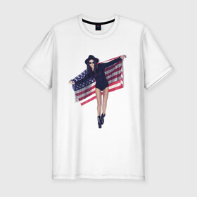 Мужская футболка премиум с принтом American girl в Санкт-Петербурге, 92% хлопок, 8% лайкра | приталенный силуэт, круглый вырез ворота, длина до линии бедра, короткий рукав | swag | usa | америка | американский флаг | девушка | сша