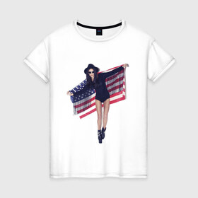 Женская футболка хлопок с принтом American girl в Санкт-Петербурге, 100% хлопок | прямой крой, круглый вырез горловины, длина до линии бедер, слегка спущенное плечо | swag | usa | америка | американский флаг | девушка | сша