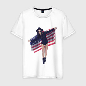 Мужская футболка хлопок с принтом American girl в Санкт-Петербурге, 100% хлопок | прямой крой, круглый вырез горловины, длина до линии бедер, слегка спущенное плечо. | swag | usa | америка | американский флаг | девушка | сша